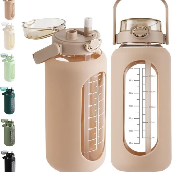 64oz Glass Water Bottle with Straw and Handle Lid Half Gallon Motivational Glass - Picture 1 of 6
